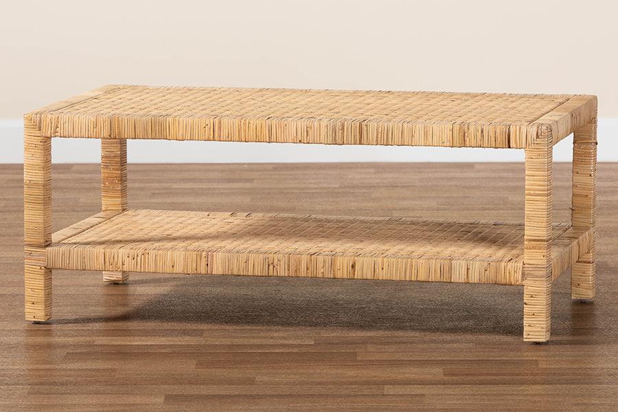 bali & pari Kalimantan Bohemian Light Honey Rattan and Mahogany Wood Rectangle Coffee Table FredCo