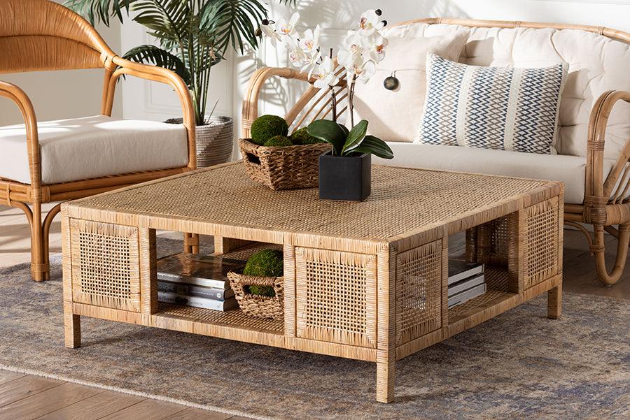 bali & pari Kalimantan Bohemian Light Honey Rattan and Mahogany Wood Square Coffee Table FredCo