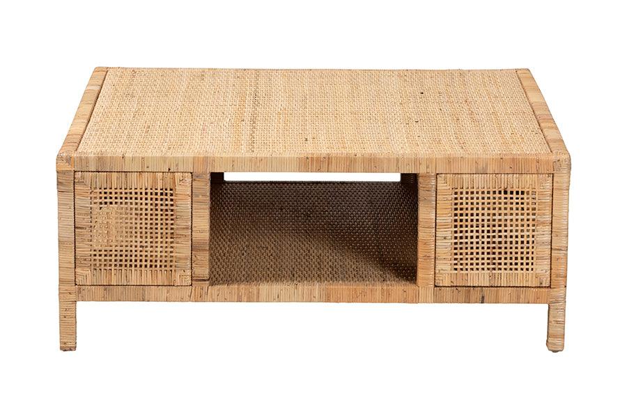 bali & pari Kalimantan Bohemian Light Honey Rattan and Mahogany Wood Square Coffee Table FredCo
