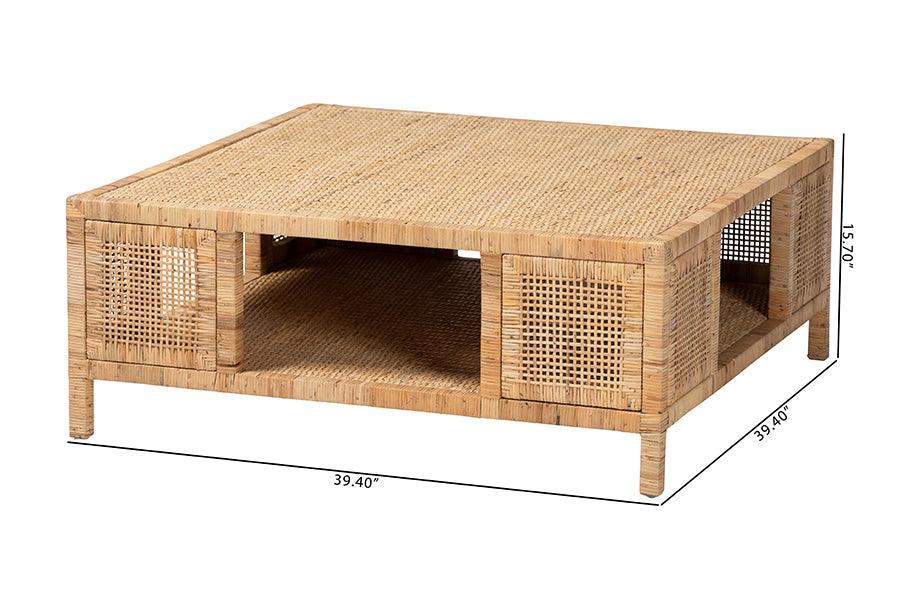 bali & pari Kalimantan Bohemian Light Honey Rattan and Mahogany Wood Square Coffee Table FredCo