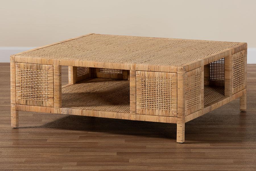 bali & pari Kalimantan Bohemian Light Honey Rattan and Mahogany Wood Square Coffee Table FredCo