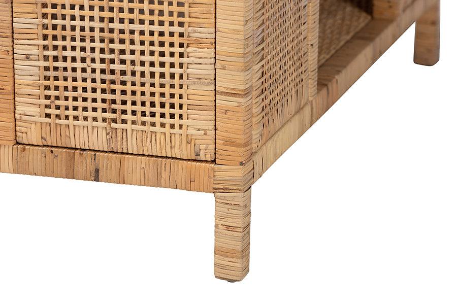 bali & pari Kalimantan Bohemian Light Honey Rattan and Mahogany Wood Square Coffee Table FredCo