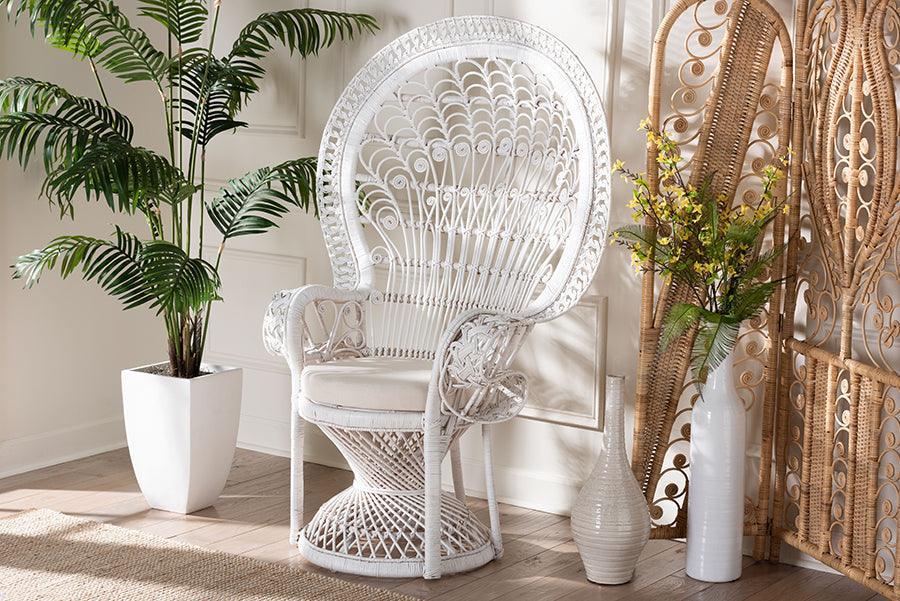 bali & pari Kallima Modern Bohemian White Natural Rattan Peacock Chair FredCo