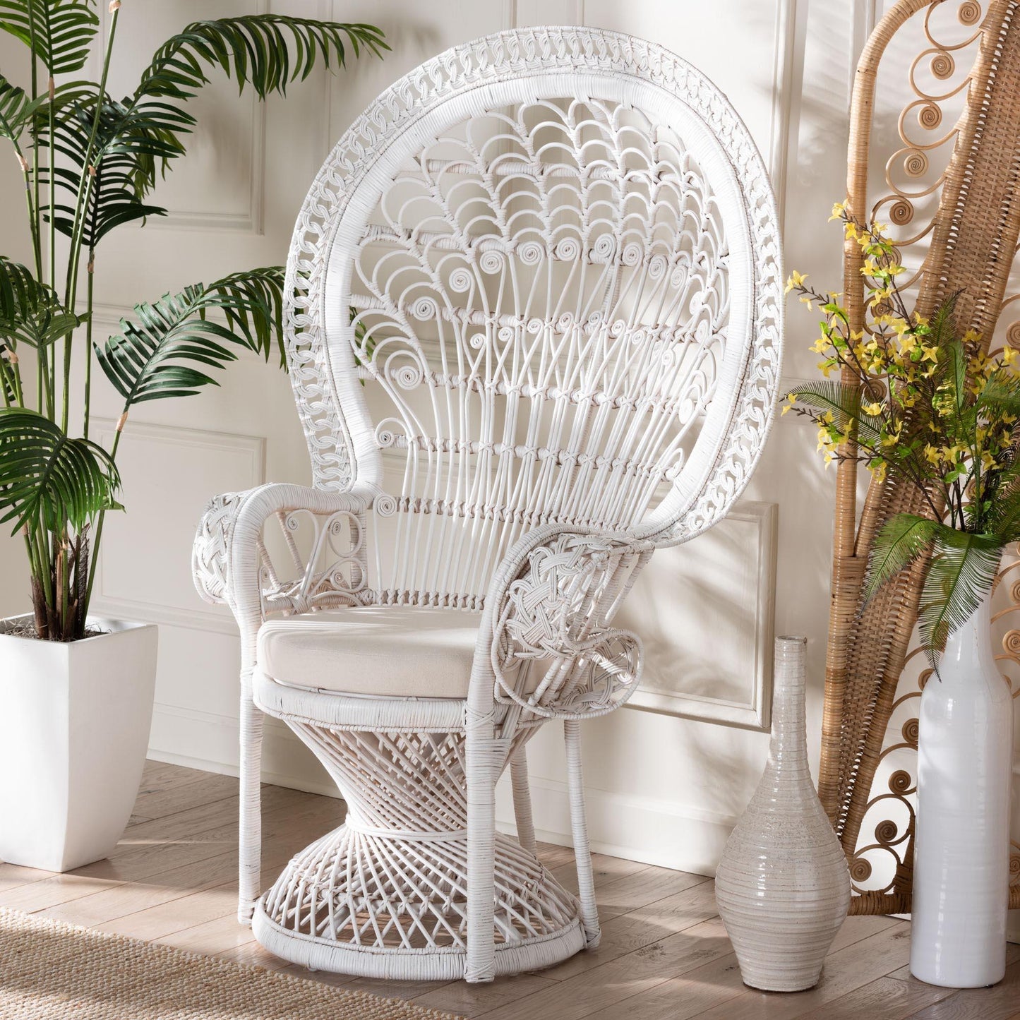bali & pari Kallima Modern Bohemian White Natural Rattan Peacock Chair FredCo