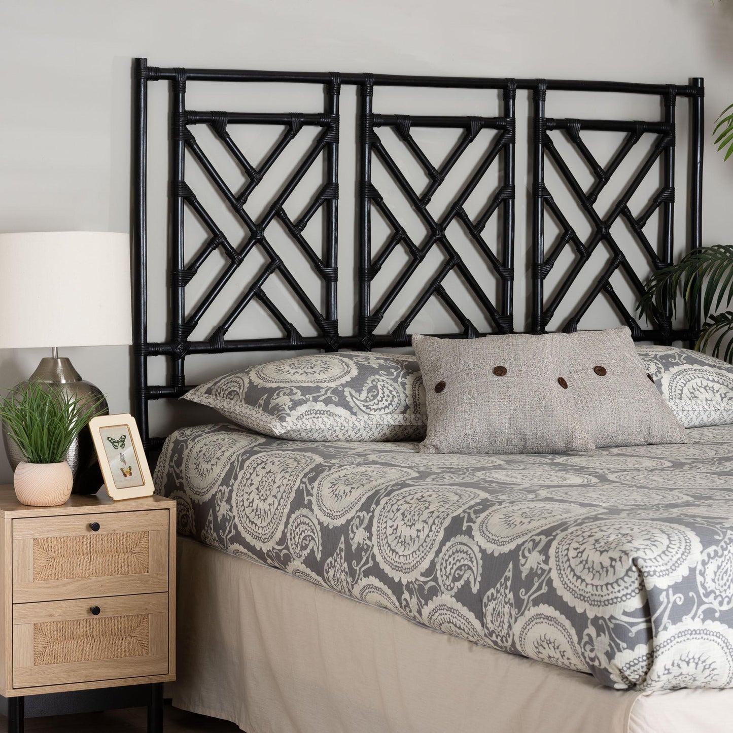 bali & pari Karavo Bohemian Black Natural Rattan Queen Size Standalone Headboard FredCo