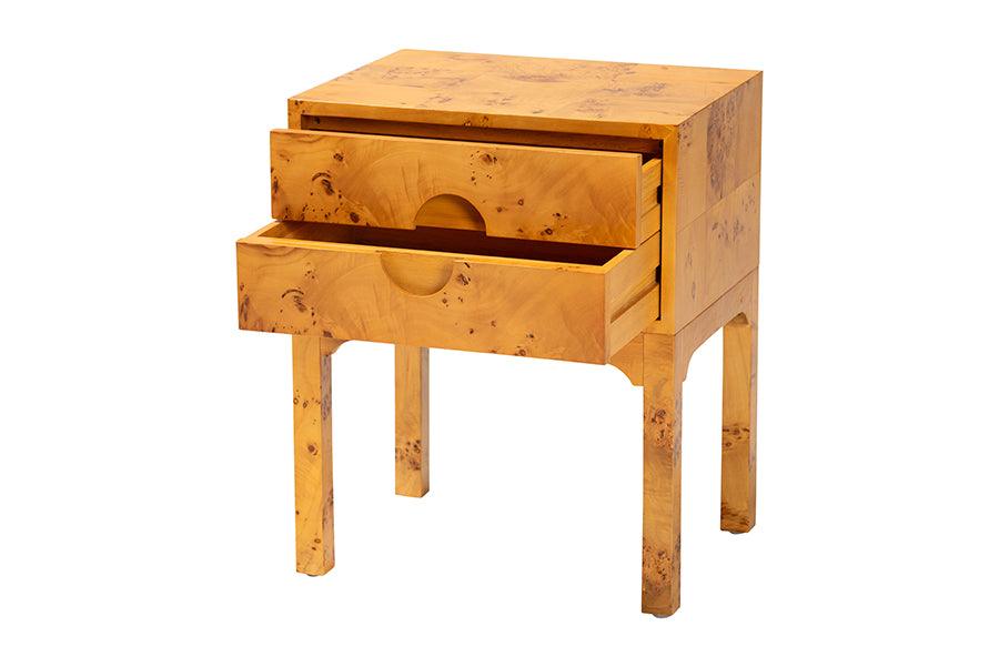 bali & pari Kayla Modern and Contemporary Natural Light Mappa Burl Wood 2-Drawer Nightstand FredCo