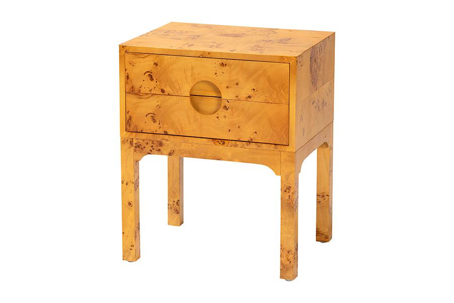 bali & pari Kayla Modern and Contemporary Natural Light Mappa Burl Wood 2-Drawer Nightstand FredCo