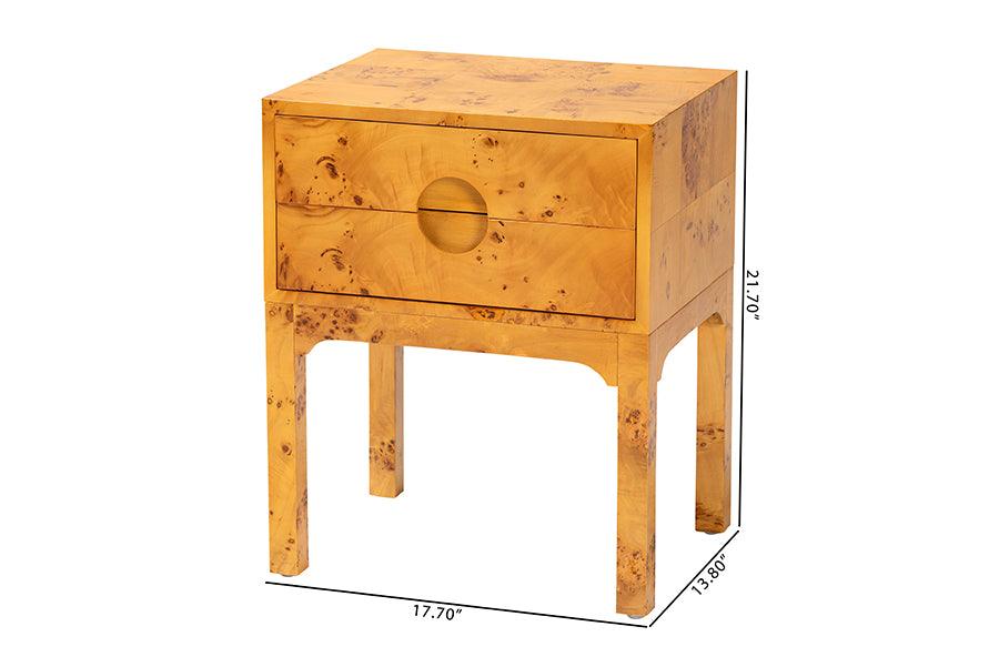 bali & pari Kayla Modern and Contemporary Natural Light Mappa Burl Wood 2-Drawer Nightstand FredCo