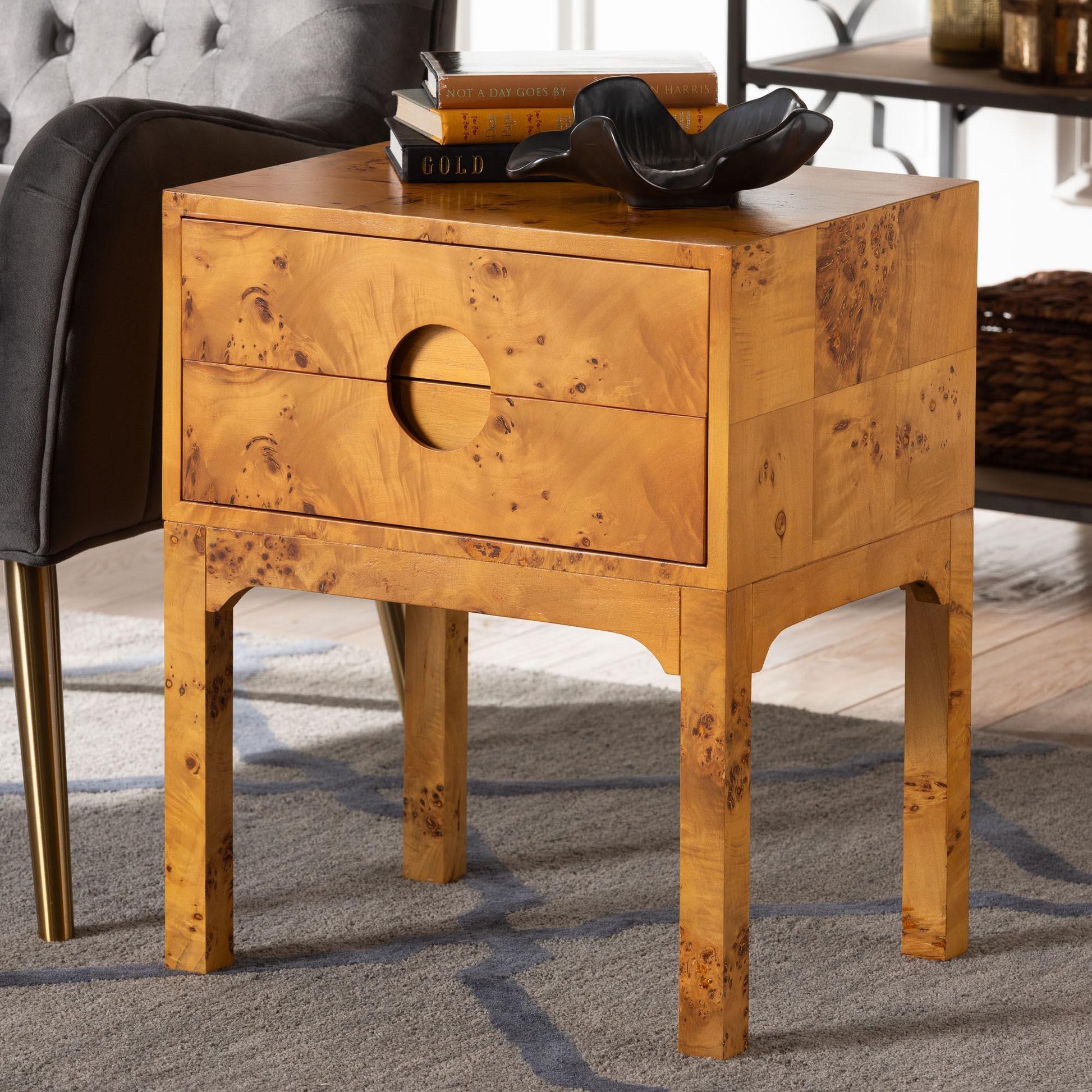 bali & pari Kayla Modern and Contemporary Natural Light Mappa Burl Wood 2-Drawer Nightstand FredCo