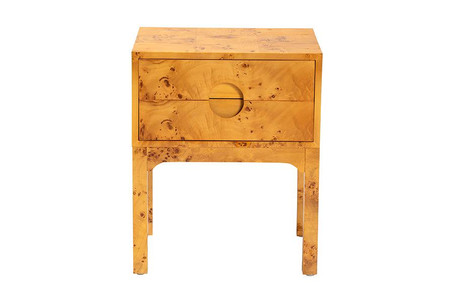 bali & pari Kayla Modern and Contemporary Natural Light Mappa Burl Wood 2-Drawer Nightstand FredCo