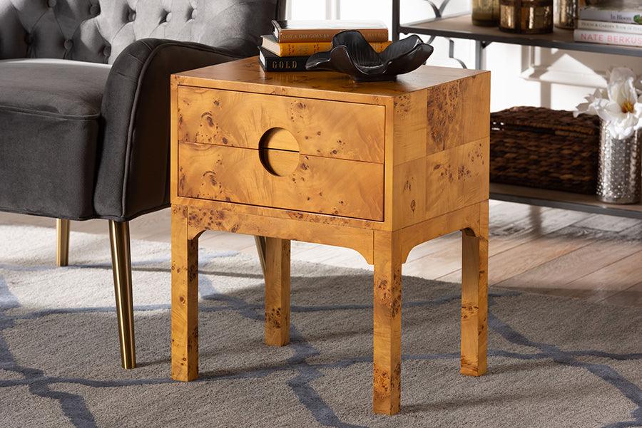 bali & pari Kayla Modern and Contemporary Natural Light Mappa Burl Wood 2-Drawer Nightstand FredCo