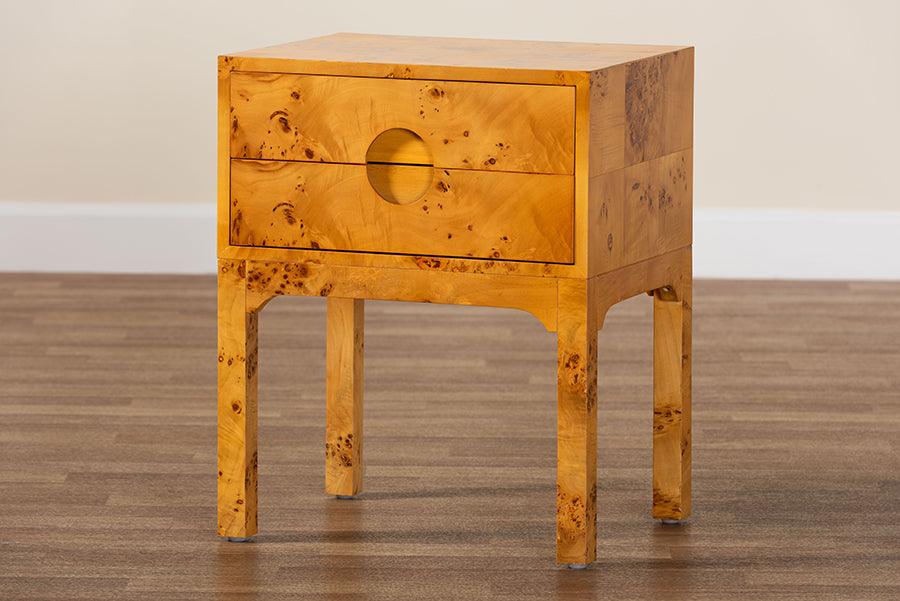 bali & pari Kayla Modern and Contemporary Natural Light Mappa Burl Wood 2-Drawer Nightstand FredCo