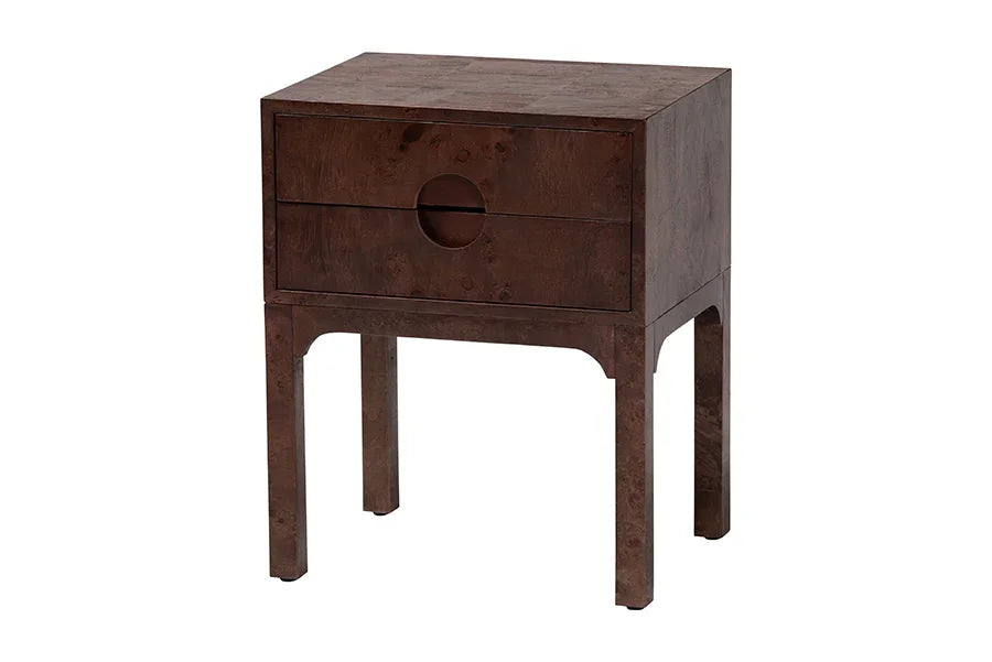 bali & pari Kayla Real Burl Wood Nightstand in Dark Walnut Brown - Modern Bedside Table with Two Drawers and Cutout Handle Design FredCo
