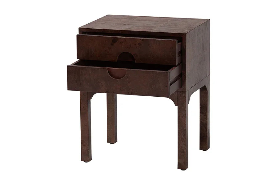 bali & pari Kayla Real Burl Wood Nightstand in Dark Walnut Brown - Modern Bedside Table with Two Drawers and Cutout Handle Design FredCo