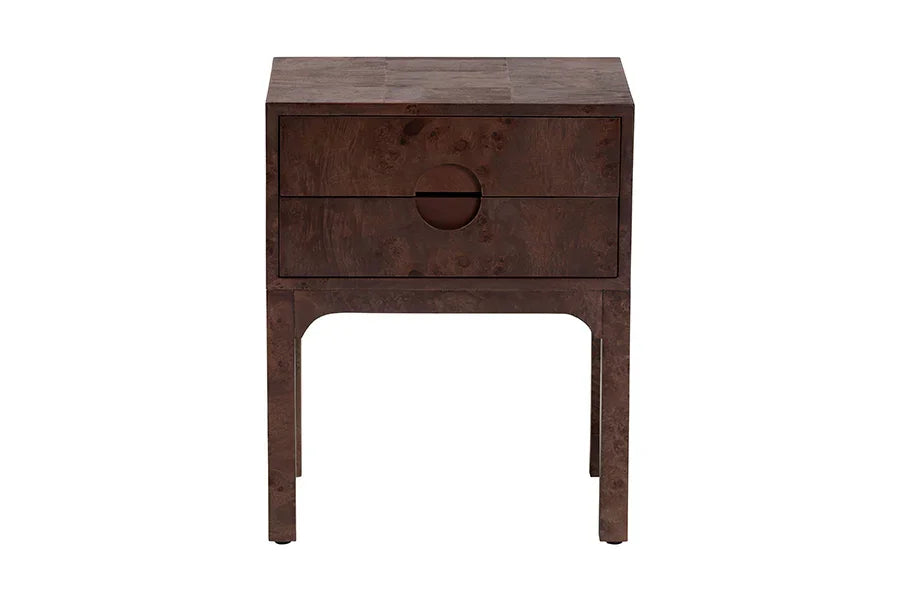 bali & pari Kayla Real Burl Wood Nightstand in Dark Walnut Brown - Modern Bedside Table with Two Drawers and Cutout Handle Design FredCo