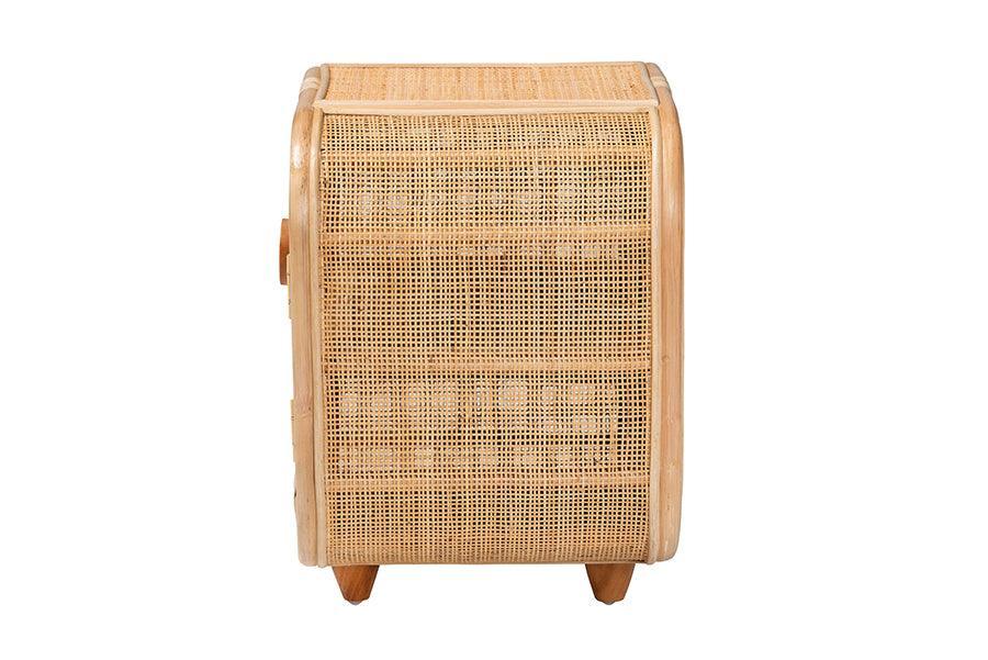 bali & pari Keita Bohemian Natural Rattan and Mahogany Wood Nightstand FredCo