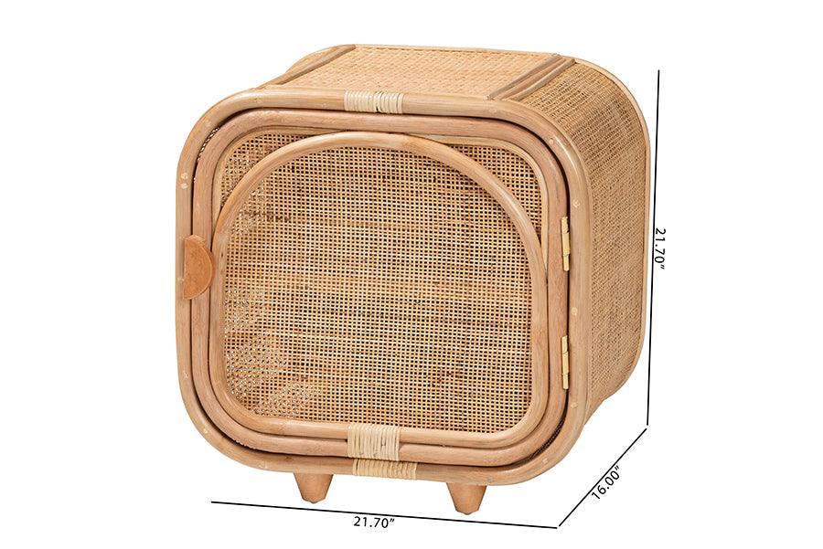 bali & pari Keita Bohemian Natural Rattan and Mahogany Wood Nightstand FredCo