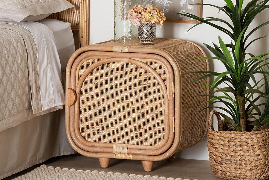 bali & pari Keita Bohemian Natural Rattan and Mahogany Wood Nightstand FredCo