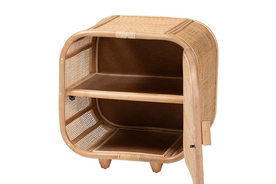 bali & pari Keita Bohemian Natural Rattan and Mahogany Wood Nightstand FredCo