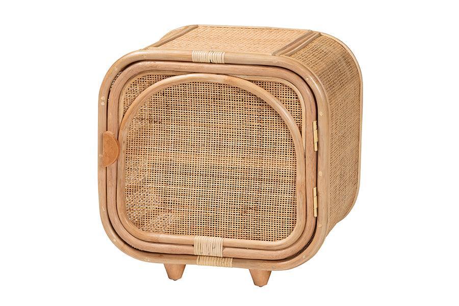 bali & pari Keita Bohemian Natural Rattan and Mahogany Wood Nightstand FredCo