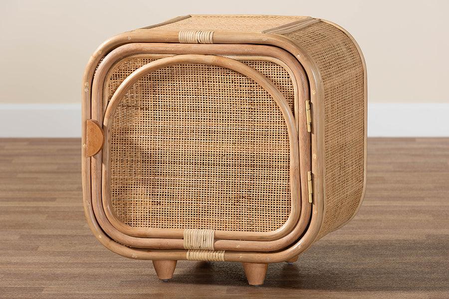 bali & pari Keita Bohemian Natural Rattan and Mahogany Wood Nightstand FredCo