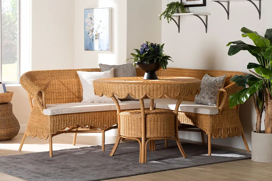 bali & pari Keitha Bohemian Light Honey Rattan 3-Piece Dining Nook Set FredCo