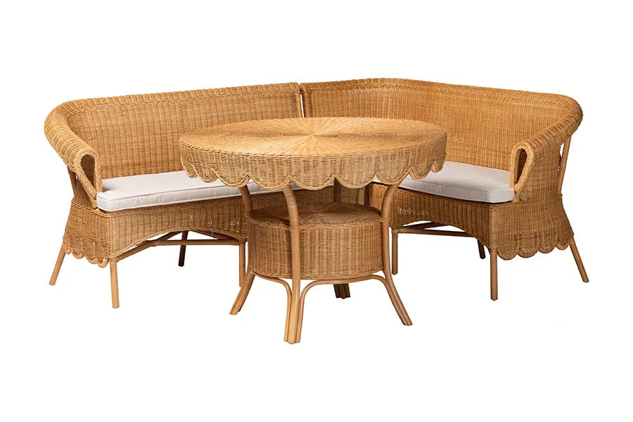 bali & pari Keitha Bohemian Light Honey Rattan 3-Piece Dining Nook Set FredCo