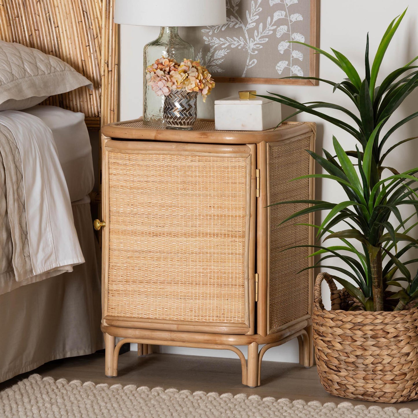 bali & pari Kiara Bohemian Natural Rattan Nightstand FredCo