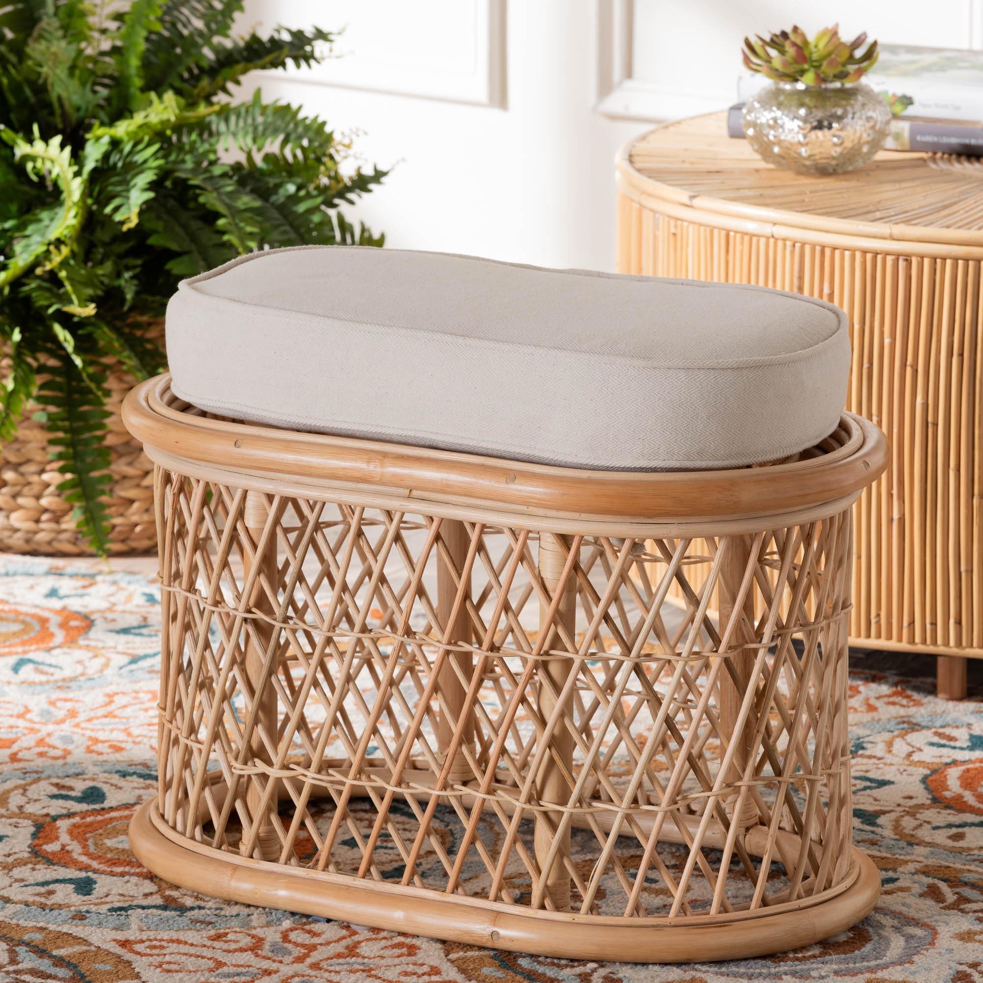 bali & pari Ladonna Bohemian Natural Rattan Ottoman Footstool FredCo