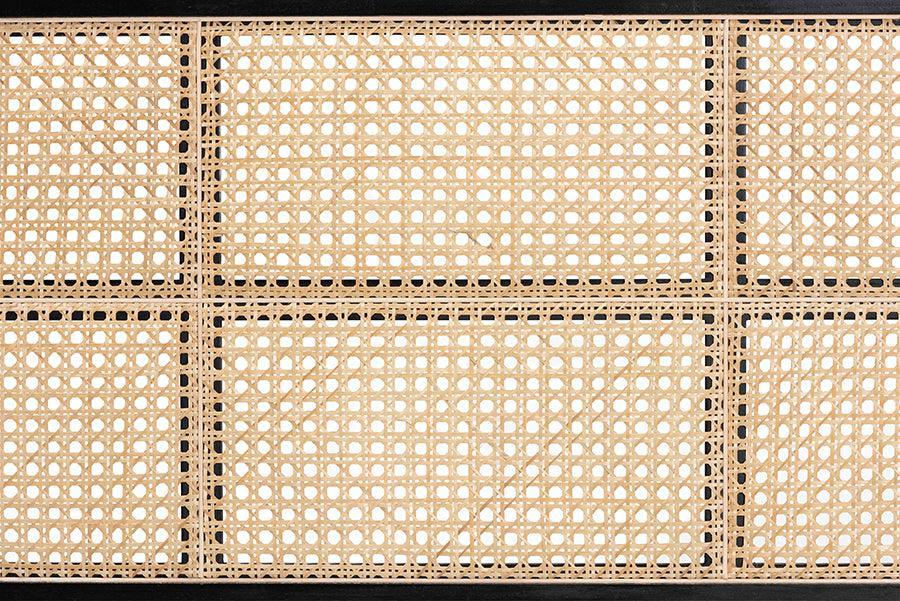 bali & pari Lainer Modern Bohemian Black Finished Bayur Wood and Natural Rattan Queen Size Headboard FredCo
