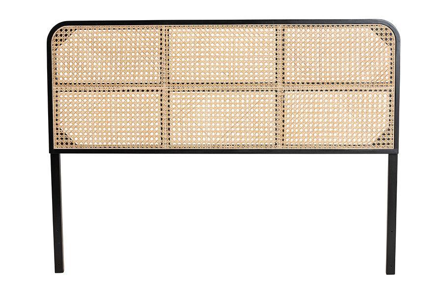 bali & pari Lainer Modern Bohemian Black Finished Bayur Wood and Natural Rattan Queen Size Headboard FredCo