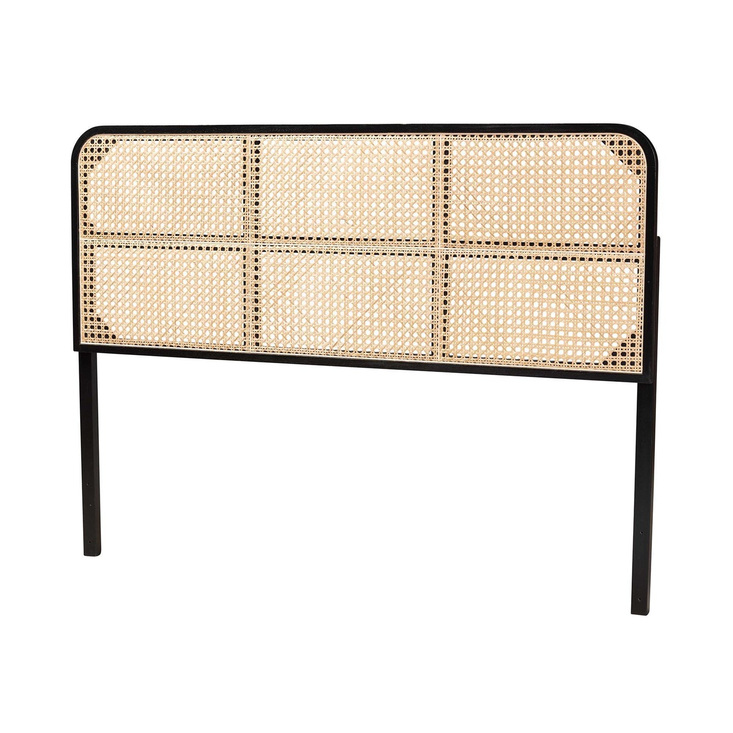 bali & pari Lainer Modern Bohemian Black Finished Bayur Wood and Natural Rattan Queen Size Headboard FredCo