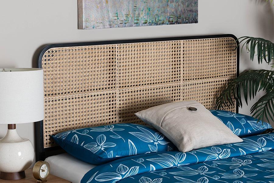 bali & pari Lainer Modern Bohemian Black Finished Bayur Wood and Natural Rattan Queen Size Headboard FredCo
