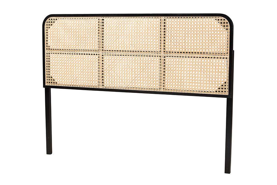 bali & pari Lainer Modern Bohemian Black Finished Bayur Wood and Natural Rattan Queen Size Headboard FredCo