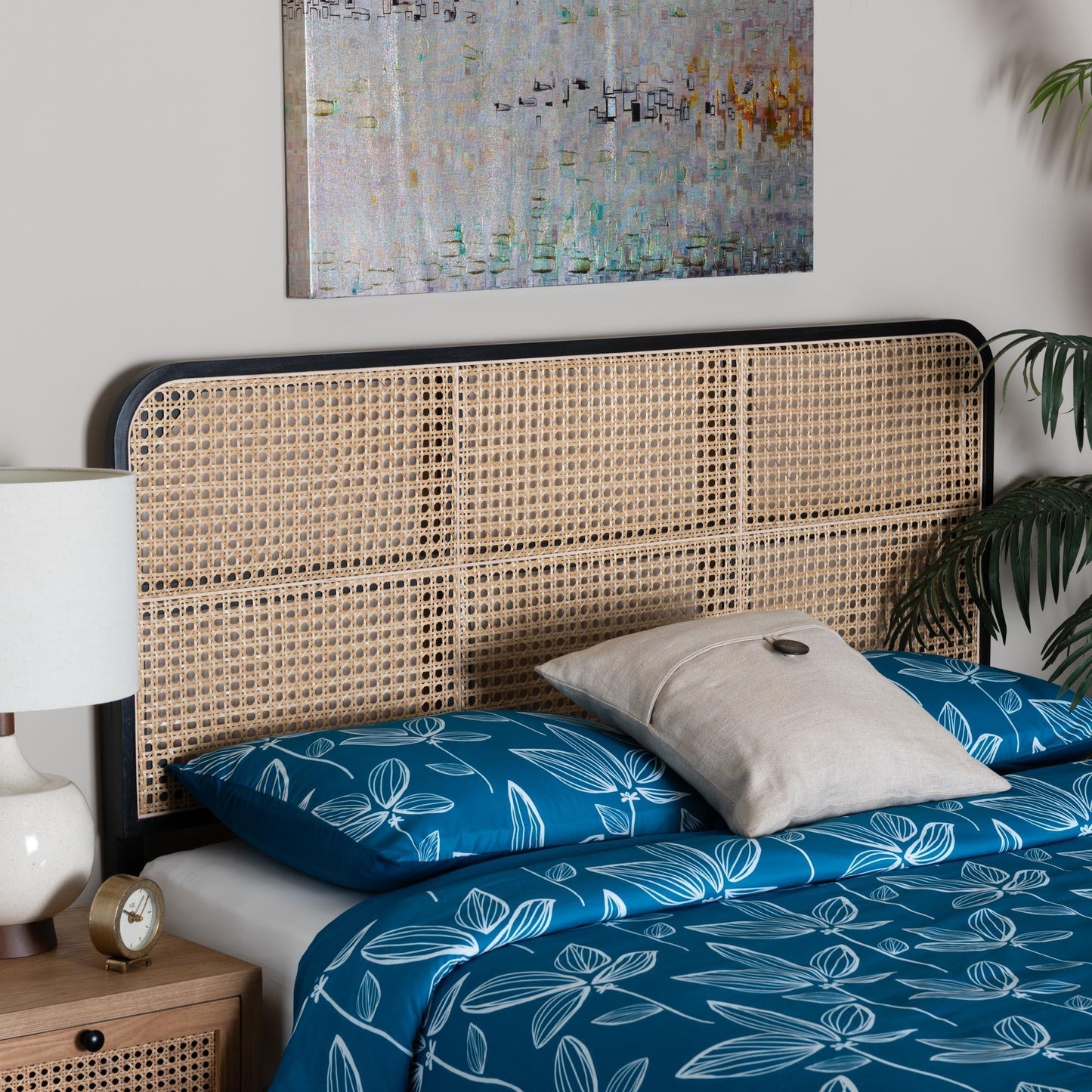 bali & pari Lainer Modern Bohemian Black Finished Bayur Wood and Natural Rattan Queen Size Headboard FredCo