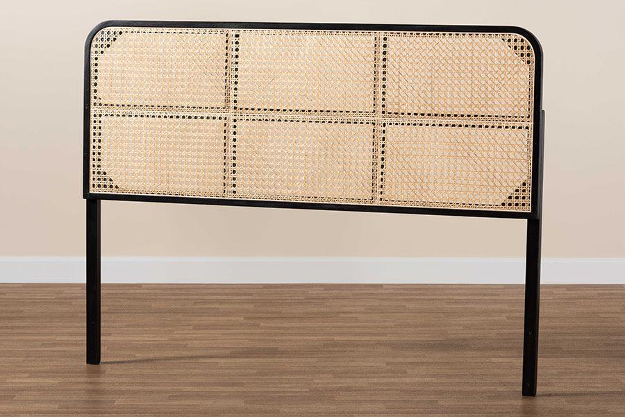 bali & pari Lainer Modern Bohemian Black Finished Bayur Wood and Natural Rattan Queen Size Headboard FredCo