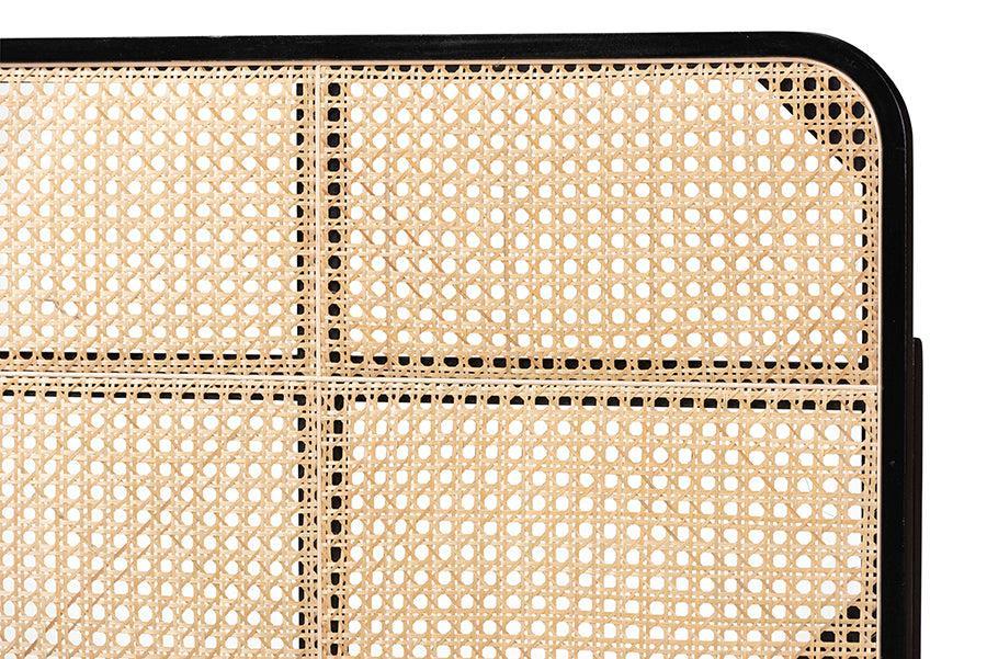 bali & pari Lainer Modern Bohemian Black Finished Bayur Wood and Natural Rattan Queen Size Headboard FredCo