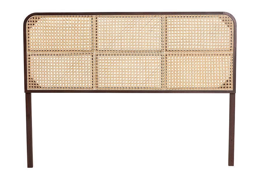 bali & pari Lainer Modern Bohemian Dark Brown Finished Bayur Wood and Natural Rattan Queen Size Headboard FredCo