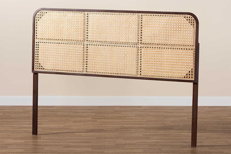 bali & pari Lainer Modern Bohemian Dark Brown Finished Bayur Wood and Natural Rattan Queen Size Headboard FredCo