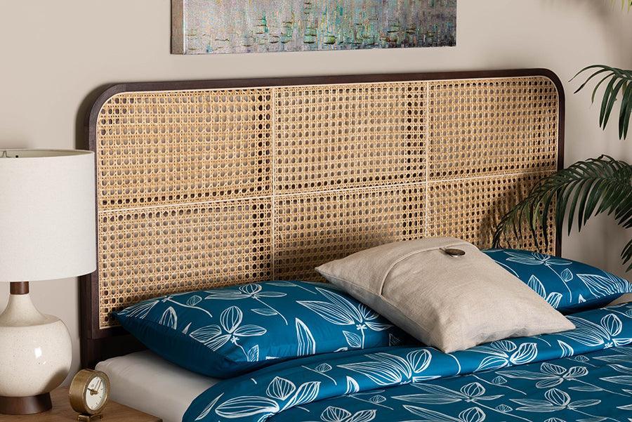bali & pari Lainer Modern Bohemian Dark Brown Finished Bayur Wood and Natural Rattan Queen Size Headboard FredCo