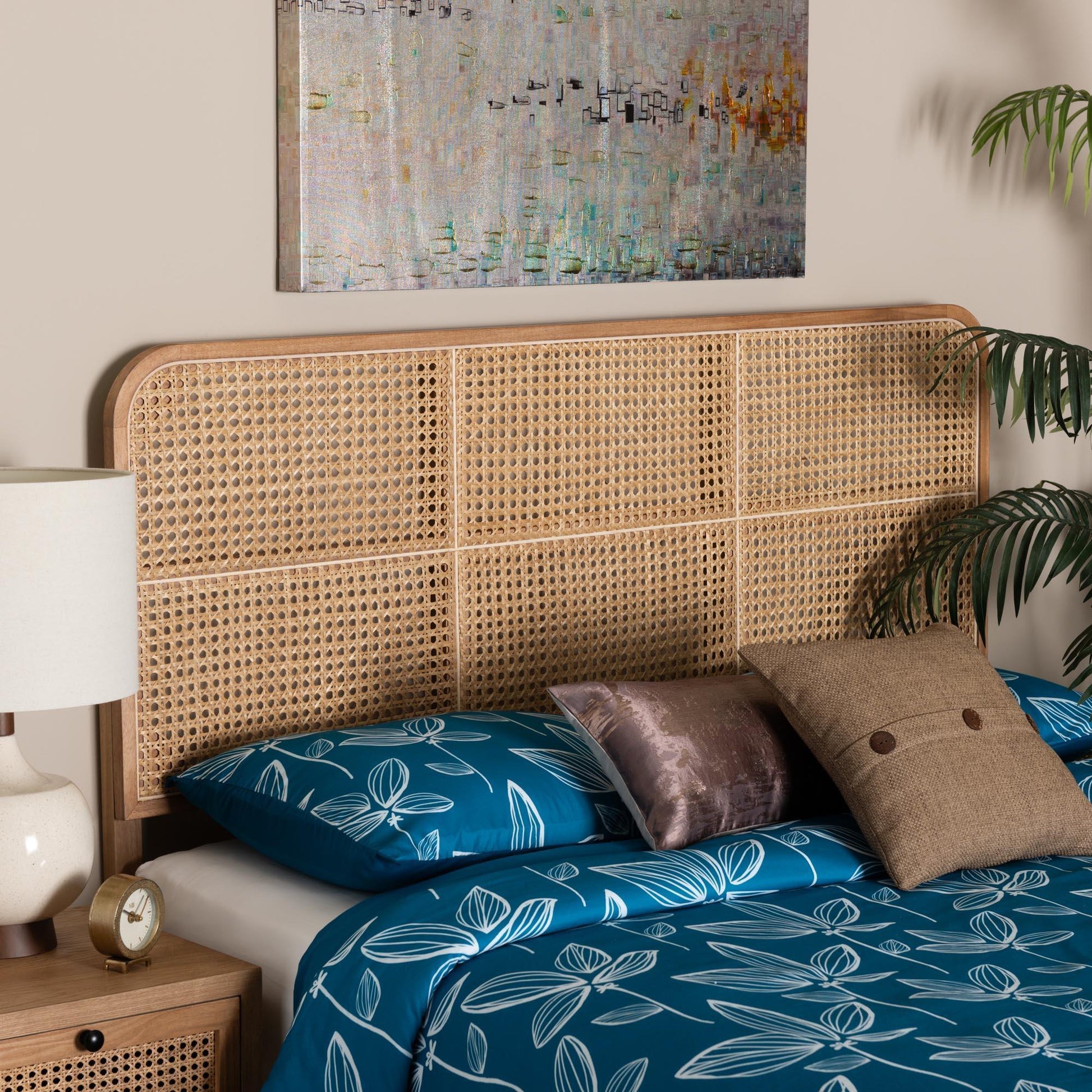 bali & pari Lainer Modern Bohemian Natural Brown Finished Bayur Wood and Rattan Queen Size Headboard FredCo