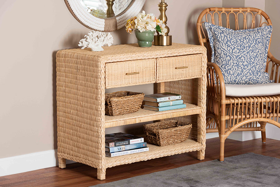 bali & pari Lanica Braided Natural Rattan Console Table with Drawers and Shelves - Coastal Style Storage Cabinet for Entryway, Living Room, or Bedroom, 35" FredCo