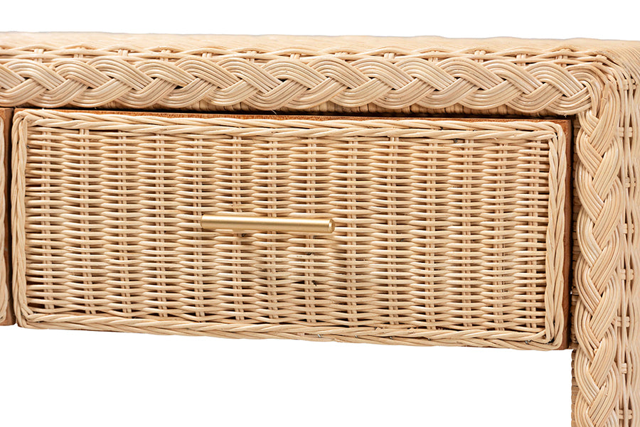 bali & pari Lanica Braided Natural Rattan Console Table with Drawers and Shelves - Coastal Style Storage Cabinet for Entryway, Living Room, or Bedroom, 35" FredCo