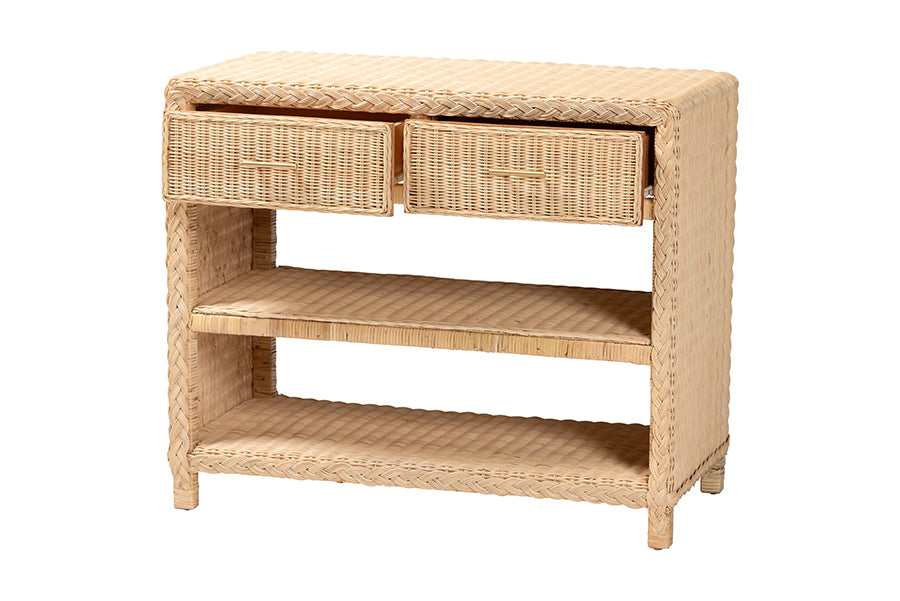bali & pari Lanica Braided Natural Rattan Console Table with Drawers and Shelves - Coastal Style Storage Cabinet for Entryway, Living Room, or Bedroom, 35" FredCo