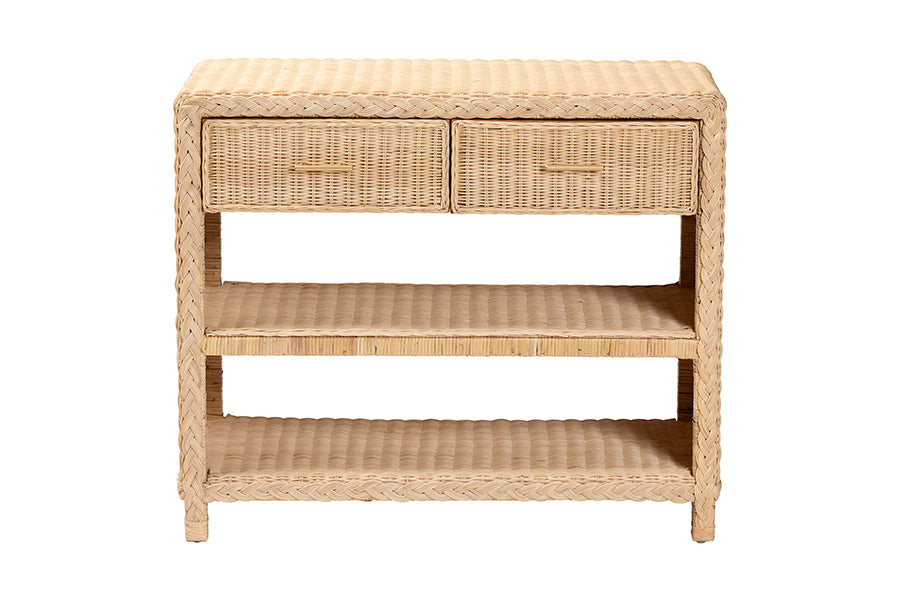 bali & pari Lanica Braided Natural Rattan Console Table with Drawers and Shelves - Coastal Style Storage Cabinet for Entryway, Living Room, or Bedroom, 35" FredCo