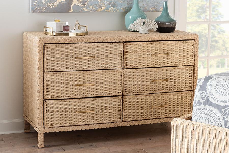 bali & pari Lanica Japandi Sun-Bleached Braided Rattan 6-Drawer Dresser FredCo