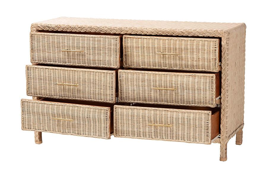 bali & pari Lanica Japandi Sun-Bleached Braided Rattan 6-Drawer Dresser FredCo