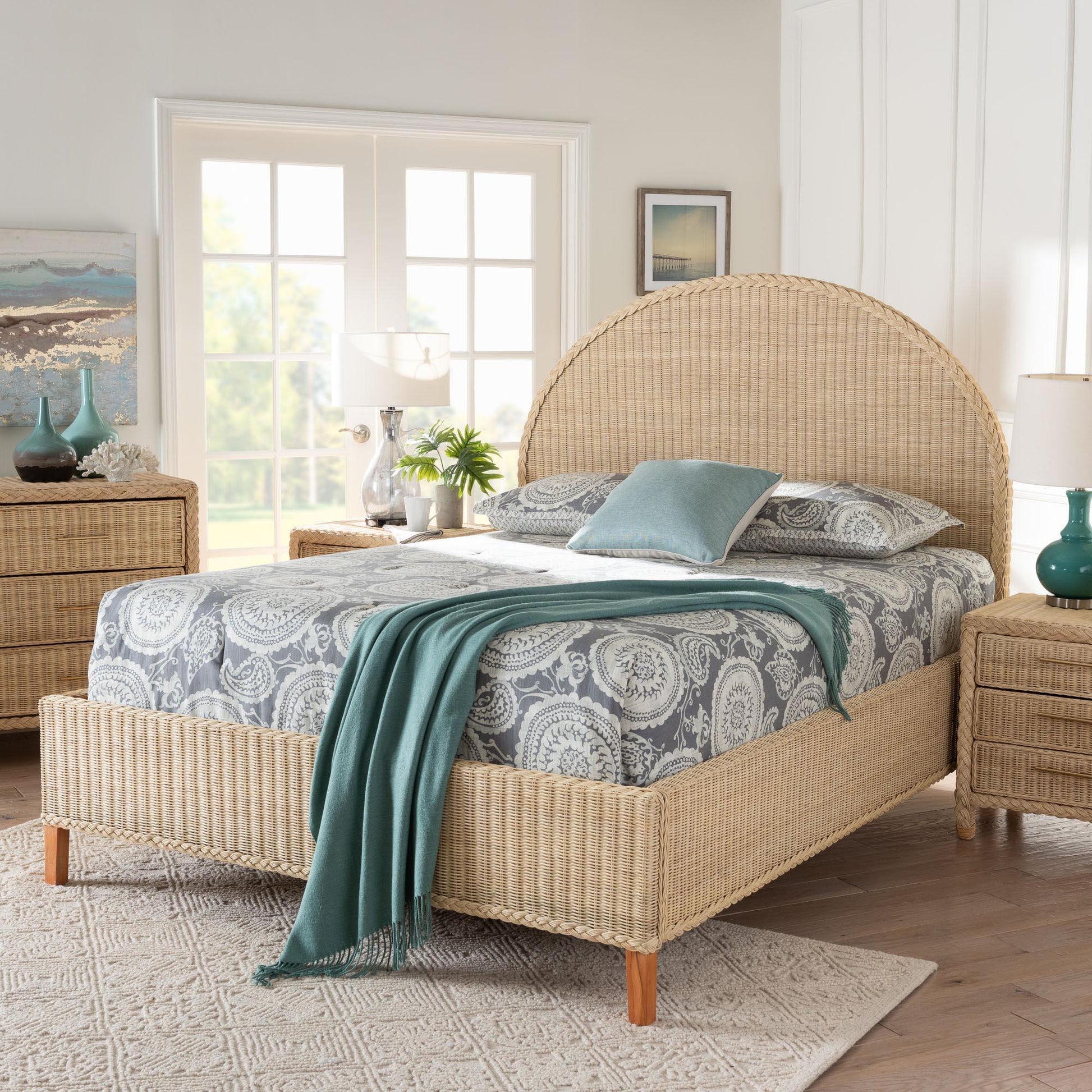 bali & pari Lanica Japandi Sun-Bleached Braided Rattan Queen Size Bed FredCo
