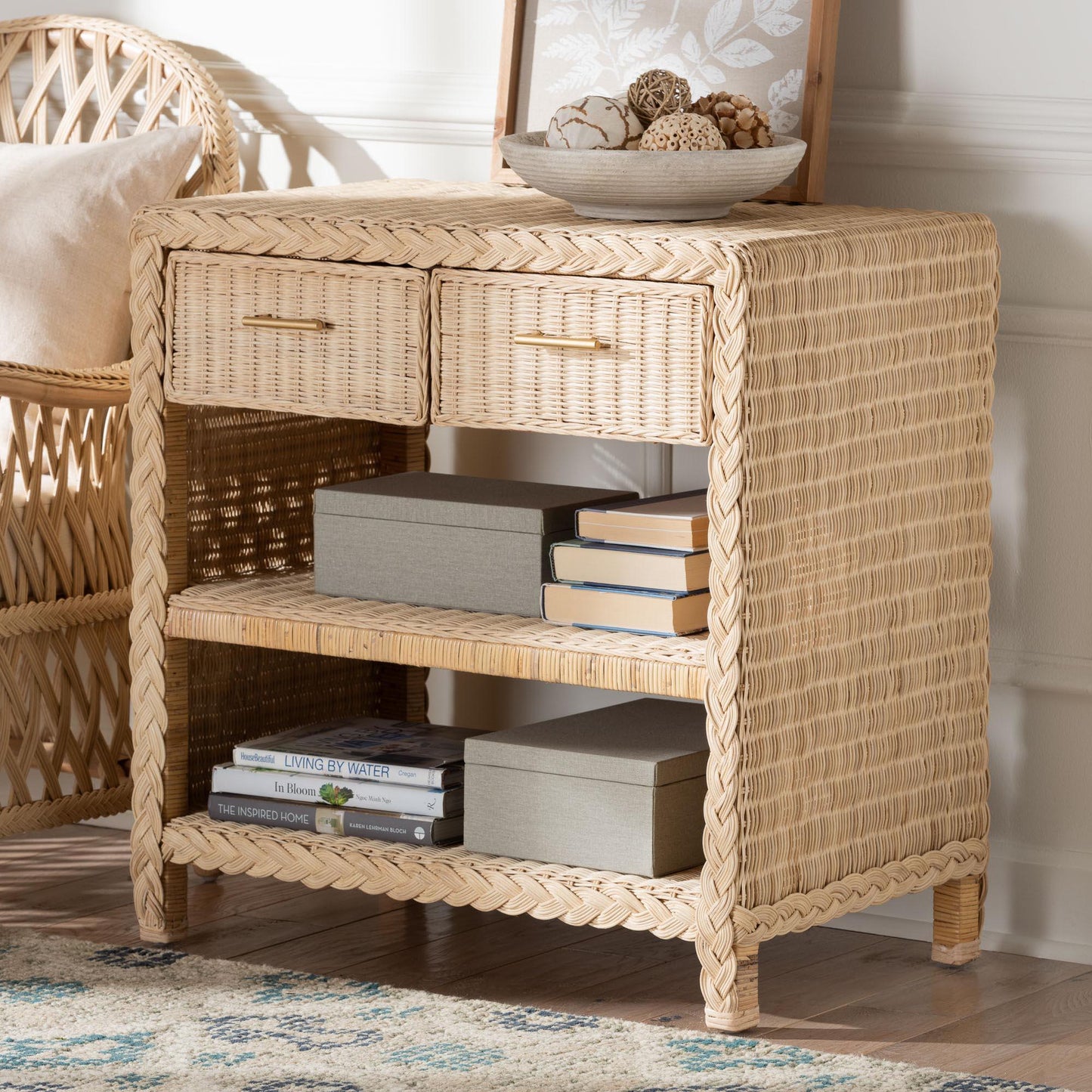bali & pari Lanica Japandi Sun Bleached Rattan 2-Drawer Console Table FredCo
