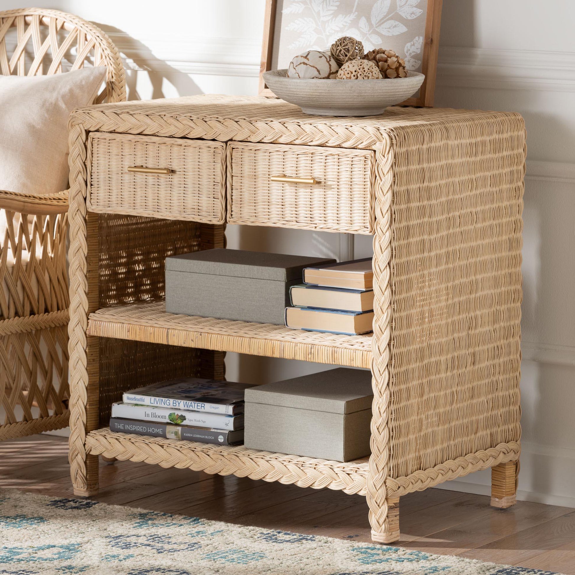bali & pari Lanica Japandi Sun Bleached Rattan 2-Drawer Console Table FredCo